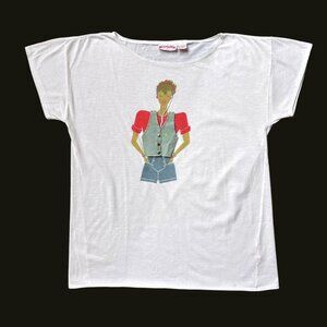 90s vintage cool girl graphic t-shirt walkman vest applique graphic Cap Sleeve.